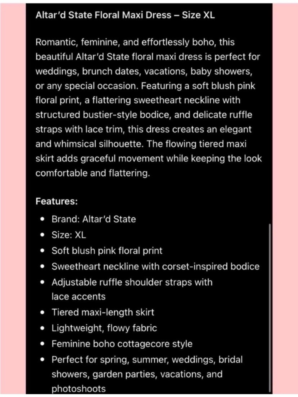 ALTAR’D STATE Pink Floral Silky Satin Maxi Dress Size XL. - Picture 8 of 9